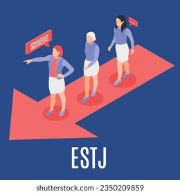 Estj mbti type isometric composition with female leader showing direction 3d vector illustration