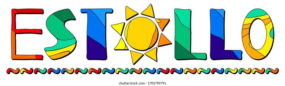 Estollo. Multicolored bright funny cartoon isolated inscription. Colorful letters, sun. Spain Estollo for prints on clothing, t-shirt, bag, banner, sticker, flyer, card, souvenir. Stock vector picture