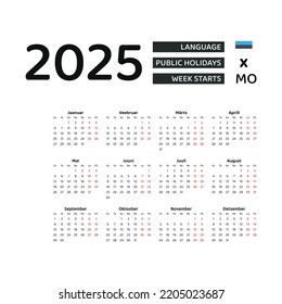 Estonia calendar 2025. Week starts from Monday. Vector graphic design. Estonian language.