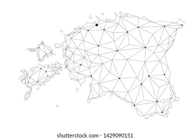 Estonia communication network map. Vector low poly image of a global map with lights in the form of cities in or population density consisting of points and shapes and space. Easy to edit