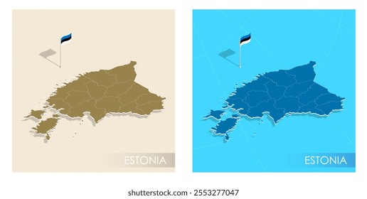 Estonia country flag installed on geographic positioning map point of country territory. Estonian commonwealth banner on land and sea. Festive patriotic HD format template for independence day