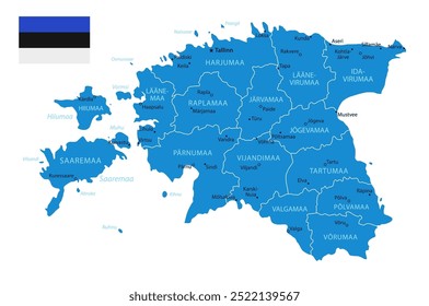 Estônia - detalhado mapa azul do país com cidades e regiões. Ilustração vetorial.