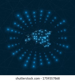 Estonia digital map. Glowing rays radiating from the country. Network connections and telecommunication design. Vector illustration.