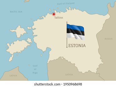 Estonia editable map with territory borders, European country highly detailed political map with Tallinn capital city and waving national flag vector illustration