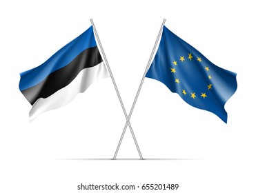 Estonia and European Union waving flags on flagpole. EU sign with twelve gold stars on blue and Estonia national symbol blue, black and white colors. Two flags isolated on white background