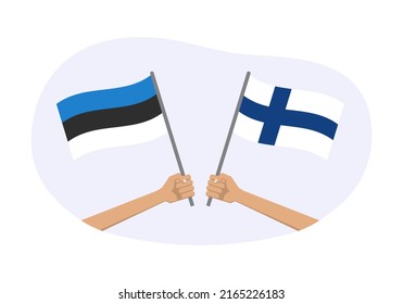 Estonia and Finland flags. Estonian and Finnish national symbols. Hand holding waving flag. Vector illustration.