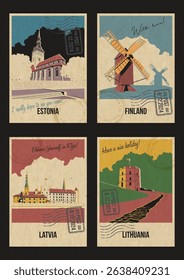 Estonia, Finland, Latvia, Lithuania Main Tourist Attractions Postcards, Olaf Church, Aland Island Windmills, Riga Castle, Gediminas Tower Illustrations. Retro Style Greeting Cards, Aged Paper Texture