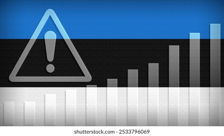 Estonia flag with burlap texture, warning sign, and rising bar chart symbolizing increasing risk or growth challenges in the country. Ideal for data presentations.