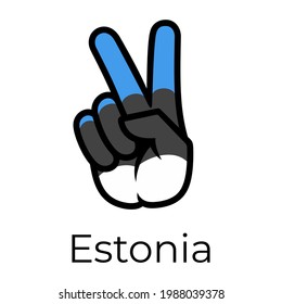 Estonia flag in the form of a peace sign. Gesture V victory sign, patriotic sign, icon for apps, websites, T-shirts, souvenirs, etc., isolated on white background