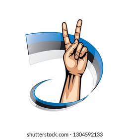 Estonia flag and hand on white background. Vector illustration