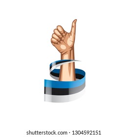 Estonia flag and hand on white background. Vector illustration