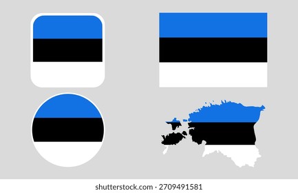 Estonia Flag Icon Set in Square, Round, and Map Shapes. Clean Modern Collection. Perfect for use in apps, websites, presentations, infographics, educational materials, travel content.	