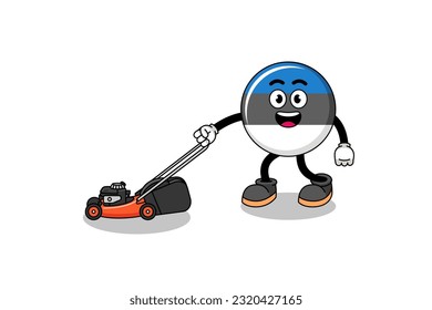 estonia flag illustration cartoon holding lawn mower , character design
