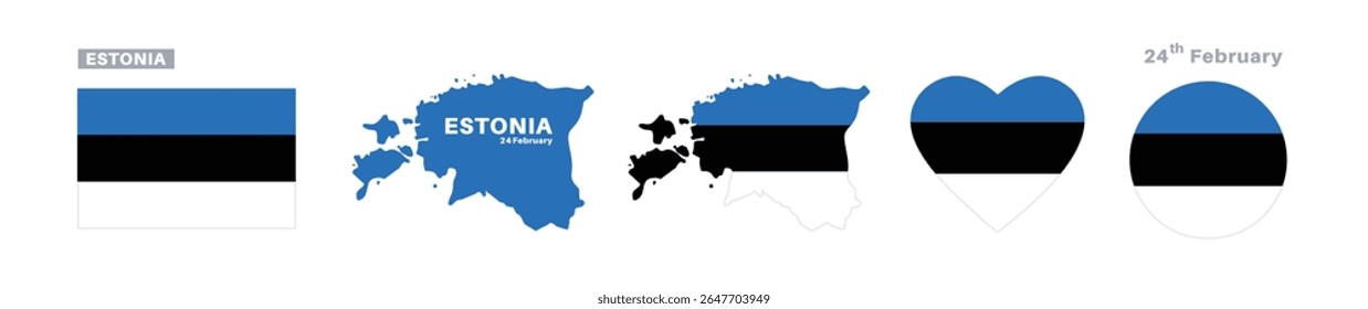 estonia flag and map set. estonia flag in official colors and proportions. independence day 24 february , map, circle and heart shaped estonia