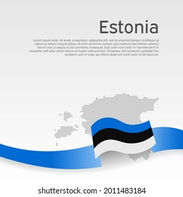 Estonia flag, mosaic map on white background. Wavy ribbon with the estonian flag. Vector banner design, estonia national poster. Cover for business booklet. State patriotic, flyer, brochure