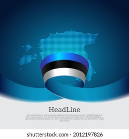 Estonia flag, mosaic map on blue white background. Wavy ribbon with the estonian flag. Vector banner design, estonia national poster. Cover for business booklet. State patriotic, flyer, brochure