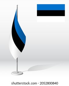 Estonia flag on flagpole for registration of solemn event, meeting foreign guests. National independence day of Estonia. Realistic 3D vector on white