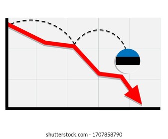 Estonia flag with red arrow graph going down showing economy recession and shares fall. Crisis, Estonia economy concept. For topics like global economy, Estonia economy, banking, finance