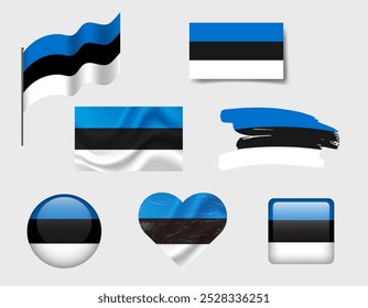 Bandeira da Estônia - conjunto de ícones. Bandeira vetorial da Estônia, símbolo Conjunto de bandeiras estonianas pincel, botão, acenado, coração.