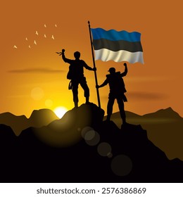 Estonia flag, silhouette of two climbers holding flags at sunset
