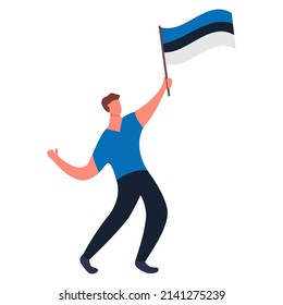 Estonia flag waving man.Joyful guy hand holding Estonia flag.Character cartoon vector flat illustration. Isolated on white background.