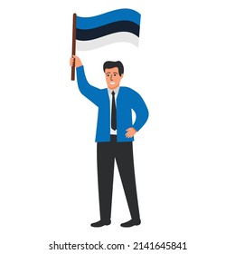 Estonia flag waving man.Joyful guy hand holding Estonia flag.Character cartoon vector flat illustration. Isolated on white background.