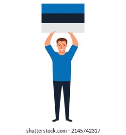 Estonia flag waving man.Joyful guy hand holding Estonia flag.Character cartoon vector flat illustration. Isolated on white background.