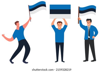 Estonia flag waving man.Joyful guy hand holding Estonia flag.Character cartoon vector flat illustration. Isolated on white background.