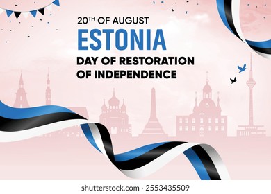 Estonia Flag Waving On Skyline Background. Day Of Restoration Of Independence Concept Design Vector Illustration.