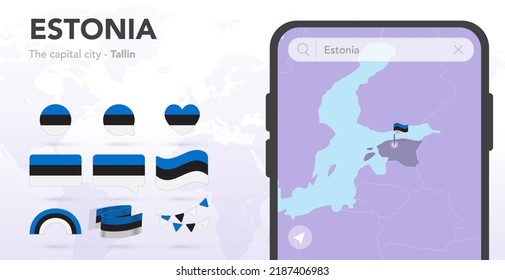 Estonia flags set. Mobile map application, Smartphone search. Map and capital city. World ribbon flags. Vector set. Collection of national symbols. Bubble speech, circle, heart, rainbow icons. Tallin