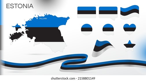 Estonia flags set. Various designs. Map and capital city. World flags. Vector set. Circle icon. Template for independence day. Collection of national symbols. Ribbon with colors of the flag. Tallinn