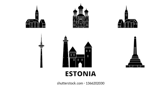 Estonia flat travel skyline set. Estonia black city vector illustration, symbol, travel sights, landmarks.