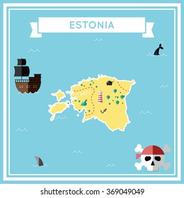 Estonia flat treasure map. Colorful cartoon treasure map of Estonia with flat icons of pirate ship, jolly roger, treasure chest and banner ribbon. Flat design vector illustration.