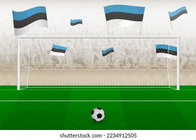 Estonia football team fans with flags of Estonia cheering on stadium, penalty kick concept in a soccer match. Sports vector illustration.
