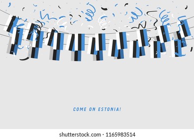 Estonia garland flag with confetti on gray background, Hang bunting for Estonia celebration template banner. vector