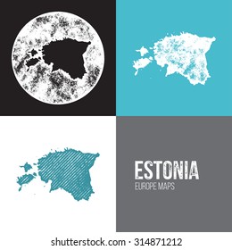 Estonia Grunge Retro Map - Three silhouettes Estonia maps with different unique letterpress vector textures - Infographic and geography resource