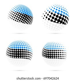 Estonia halftone flag set patriotic vector design. 3D halftone sphere in national flag colors isolated on white background.