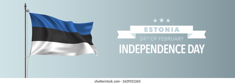 Estonia happy independence day greeting card, banner vector illustration. Estonian national holiday 24th of February design element with waving flag on flagpole