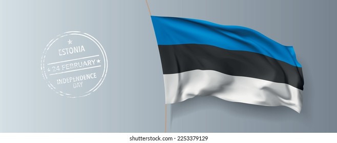 Estonia happy independence day greeting card, banner with template text vector illustration. Estonian memorial holiday 24th of February design element with 3D flag with stripes
