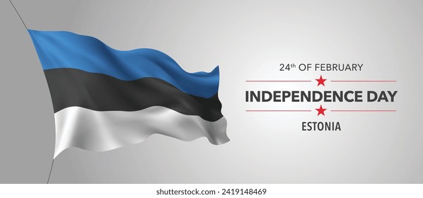 Estonia happy independence day greeting card, banner with template text vector illustration. Estonian memorial holiday 24th of February design element with 3D flag with stripes