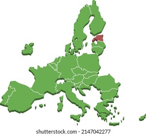 Estonia highlighted within European Union Three-Dimensional Stylized Map Isolated On White Background, EPS 10 Vector