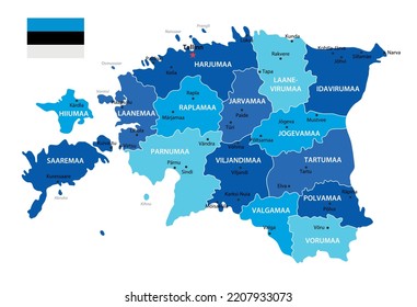 
Estonia highly detailed map. Vector blue illustration with borders, cities and national flag