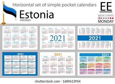 Estonia horizontal set of pocket calendars for 2021 (two thousand twenty one). Week starts Monday. New year. Color simple design. Vector