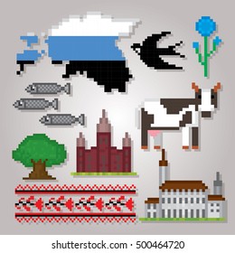 Estonia icon set. Pixel art. Old school computer graphic style. Games elements