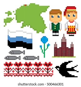 Estonia icon set. Pixel art. Old school computer graphic style. Games elements