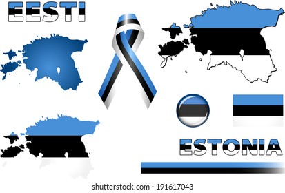 Estonia Icons. Set of vector graphic icons and symbols representing Estonia. The text says 'Estonia' in Estonian. 