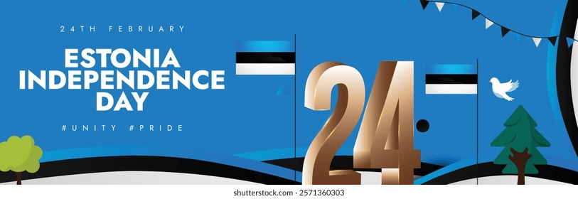 Estonia Independence Day celebration banner or cover. 24th February Estonian Day poster with flag, big 24 digits in golden number. Social media vector for Estonian Day