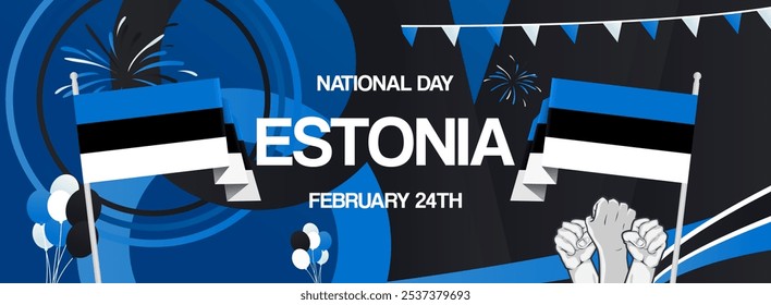 Estonia Independence Day festive banner. Vibrant modern templates for holiday celebration, greeting card, billboard, and sport event backdrops. February 24. Happy Estonia National Day