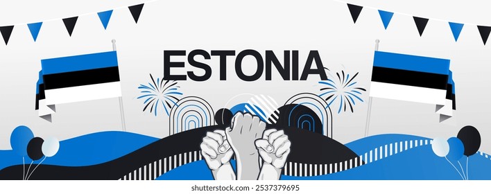 Estonia Independence Day festive banner. Vibrant modern templates for holiday celebration, greeting card, billboard, and sport event backdrops. February 24. Happy Estonia National Day