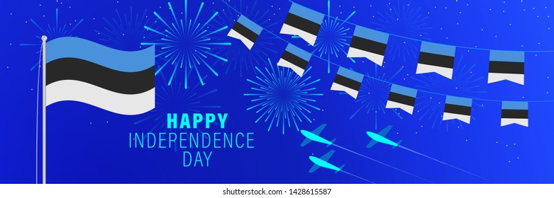 August 20 Estonia Independence Day greeting card. Celebration background with fireworks, flags, flagpole and text.